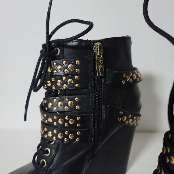 BCBGeneration Larissa Studded Strappy Wedge Lace Up Ankle Boots, Black size 7 - Picture 8 of 13